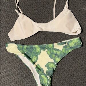 Cream and Green Tropical Leaf Bikini Set